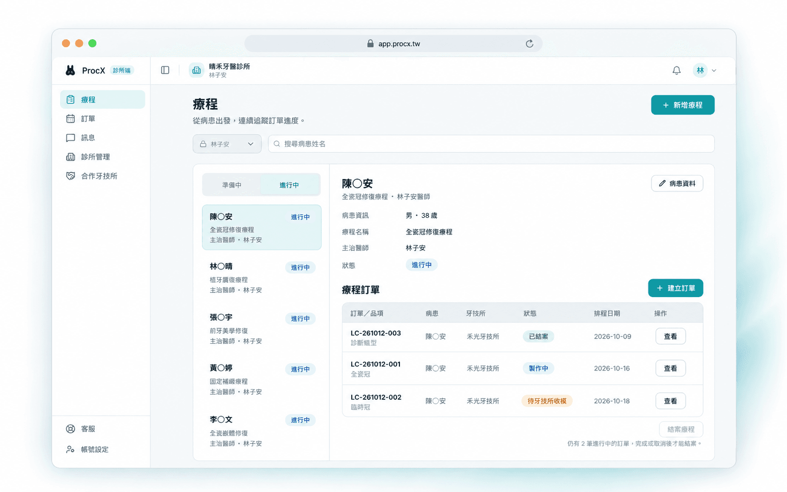 ProcX 診所療程工作台示意畫面,顯示療程清單與訂單進度